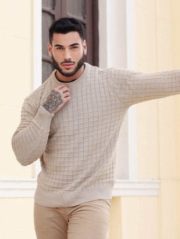 Suéter Tricot Canelado Gola Redonda Com Ribana Ajustado