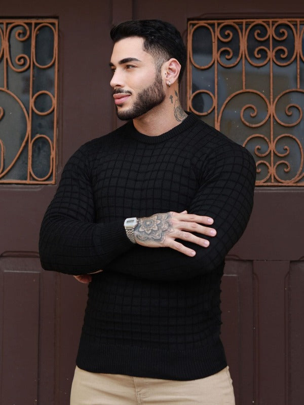 Suéter Tricot Canelado Gola Redonda Com Ribana Ajustado