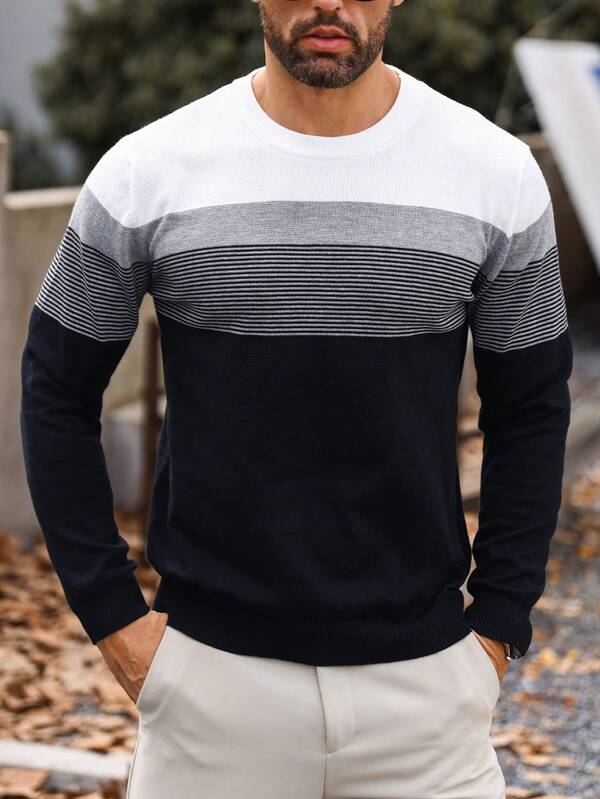Suéter Tricot Listrado Gola Redonda Com Ribana Minimalista