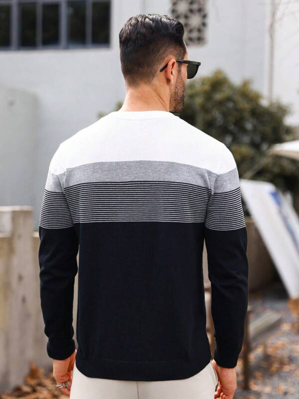 Suéter Tricot Listrado Gola Redonda Com Ribana Minimalista