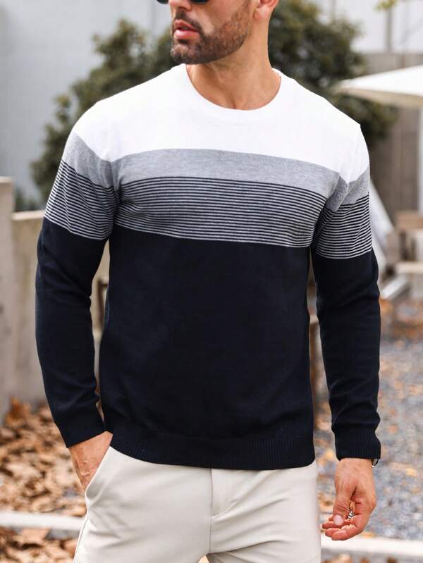 Suéter Tricot Listrado Gola Redonda Com Ribana Minimalista