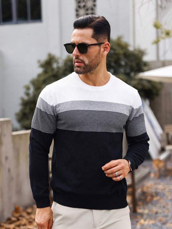 Suéter Tricot Listrado Gola Redonda Com Ribana Minimalista