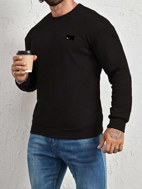Suéter Gola Redonda Texturizado Com Patch Minimalista Regular
