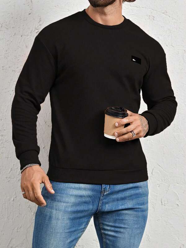Suéter Gola Redonda Texturizado Com Patch Minimalista Regular