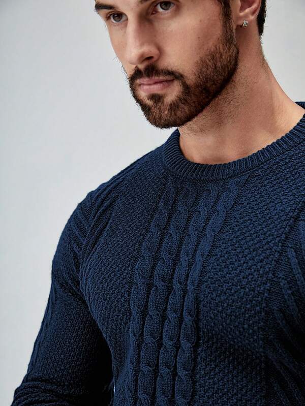 Suéter Tricot Trançado Texturizado Gola Redonda Com Ribana