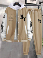 Conjunto Com Capuz Jaqueta Botões Calça Jogger Com Cordão