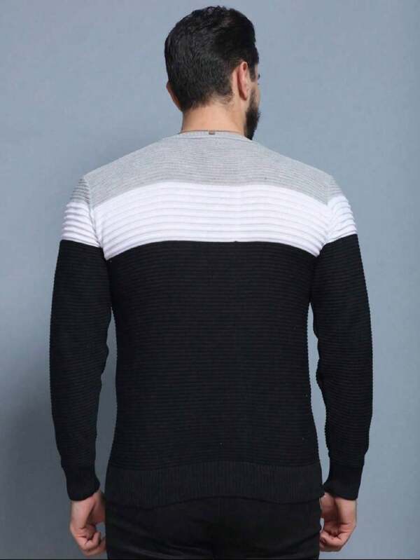 Suéter Tricot Canelado Listrado Gola Redonda Com Ribana