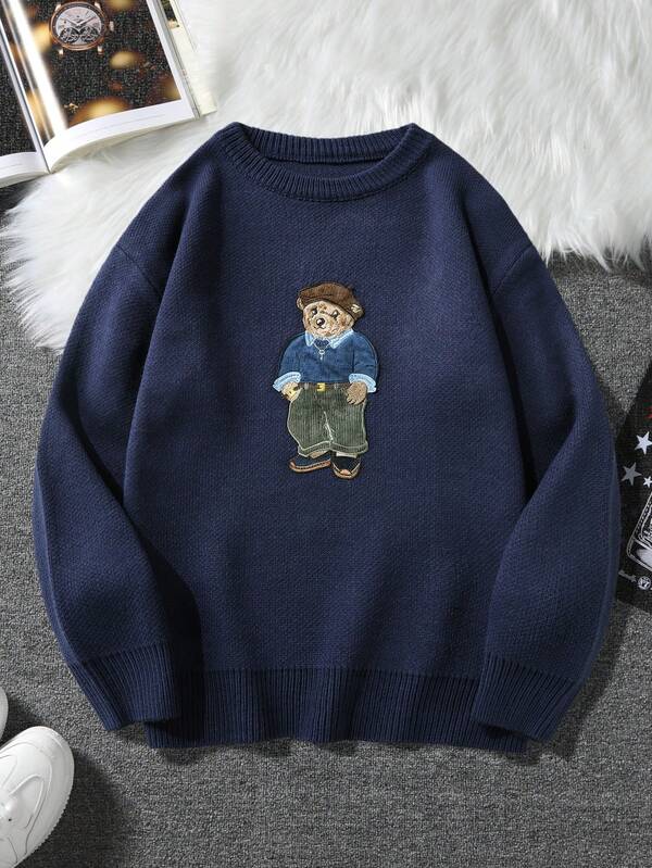 Suéter Gola Redonda Bordado Ursinho Com Ribana Casual Tricot