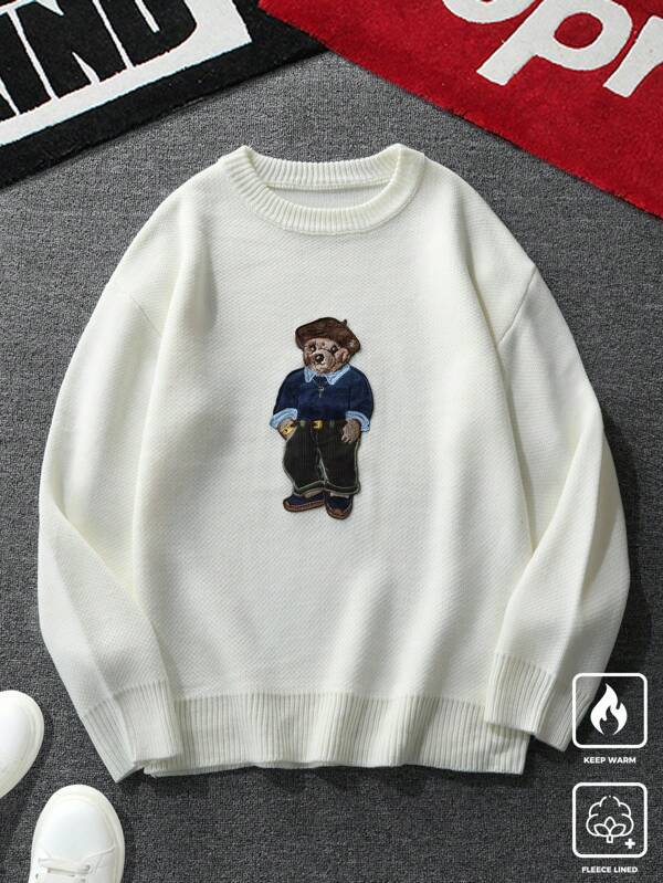 Suéter Gola Redonda Bordado Ursinho Com Ribana Casual Tricot