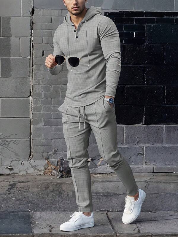 Conjunto Com Capuz Gola Botões Calça Jogger Com Cordão Texturizado