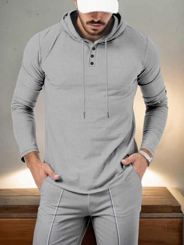 Conjunto Com Capuz Gola Botões Calça Jogger Com Cordão Texturizado