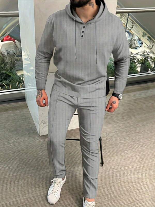 Conjunto Com Capuz Gola Botões Calça Jogger Com Cordão Texturizado