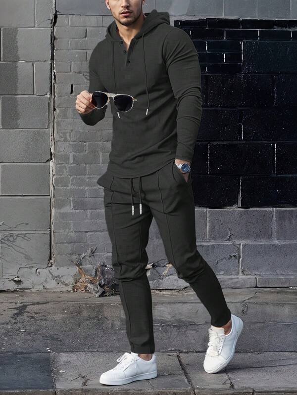 Conjunto Com Capuz Gola Botões Calça Jogger Com Cordão Texturizado