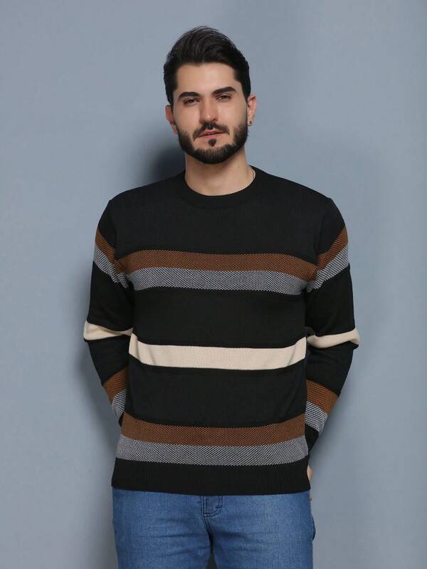 Suéter Tricot Listrado Gola Redonda Com Ribana Geométrico