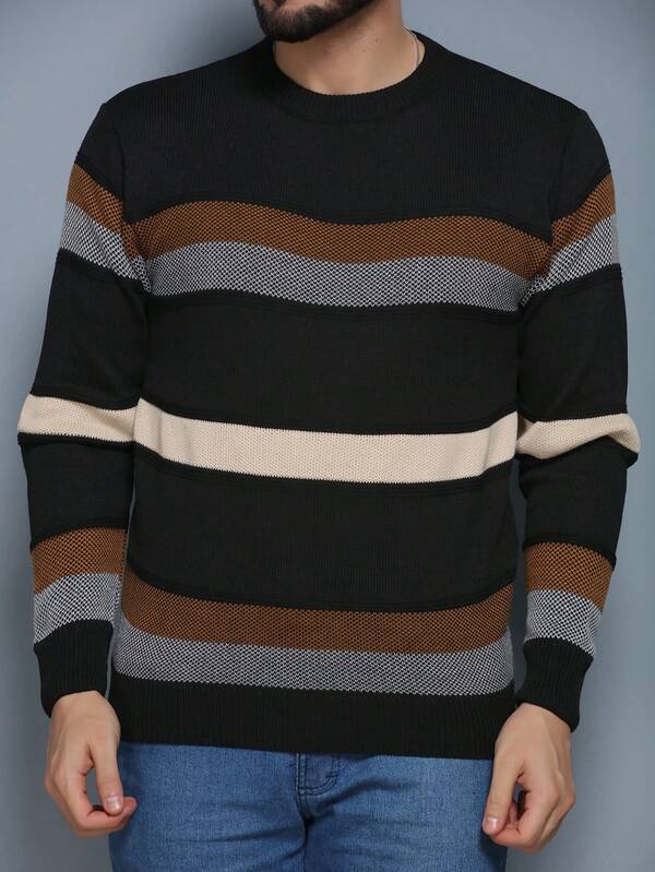 Suéter Tricot Listrado Gola Redonda Com Ribana Geométrico