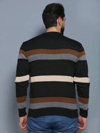 Suéter Tricot Listrado Gola Redonda Com Ribana Geométrico