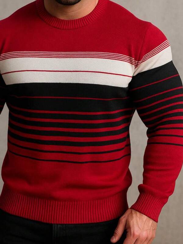 Suéter Tricot Listrado Gola Redonda Com Ribana Texturizado