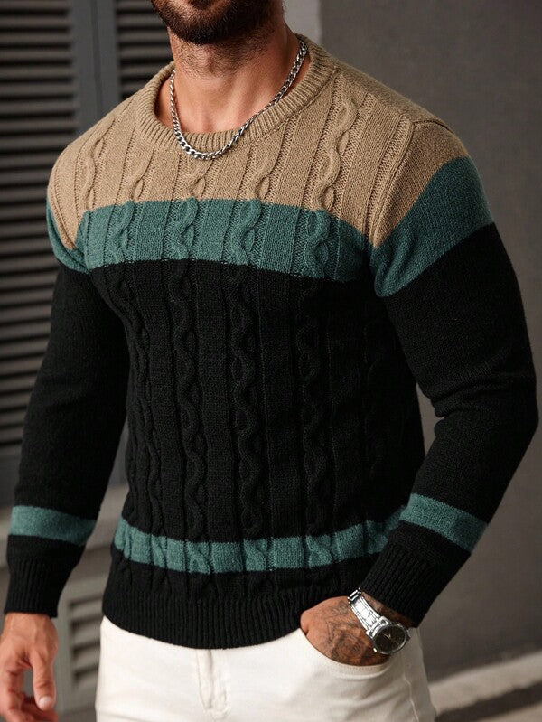 Suéter Tricot Trançado Color Block Gola Redonda Com Ribana