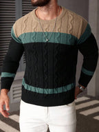 Suéter Tricot Trançado Color Block Gola Redonda Com Ribana