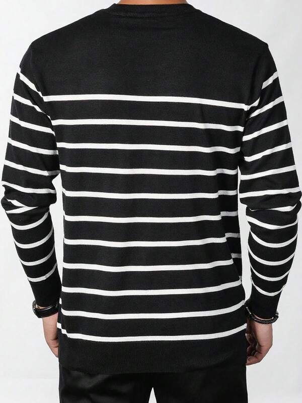 Suéter Tricot Listrado Gola Redonda Com Ribana Estilo Casual