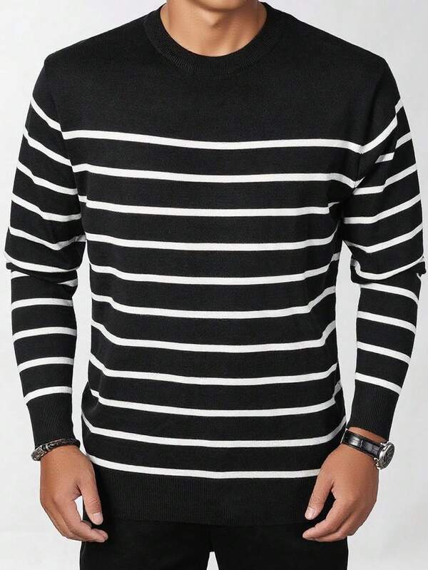 Suéter Tricot Listrado Gola Redonda Com Ribana Estilo Casual