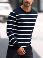 Suéter Tricot Listrado Gola Redonda Com Ribana Casual