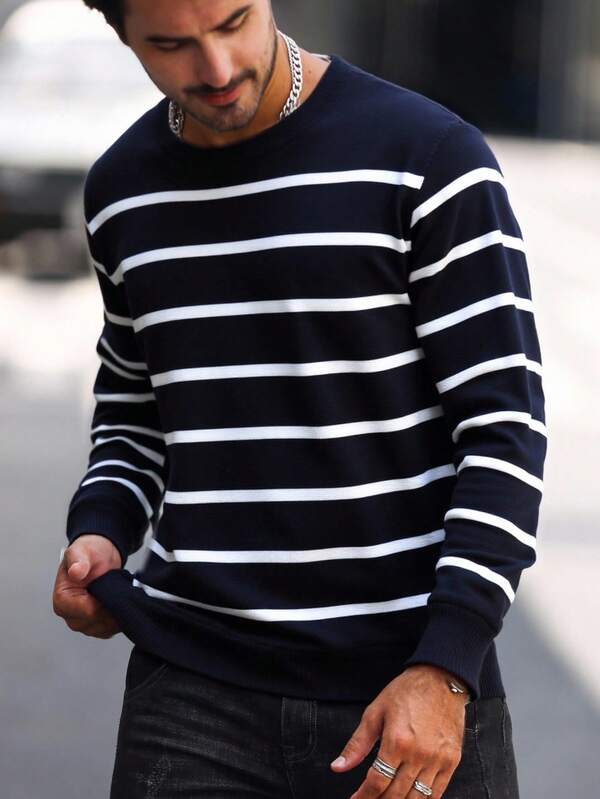 Suéter Tricot Listrado Gola Redonda Com Ribana Casual