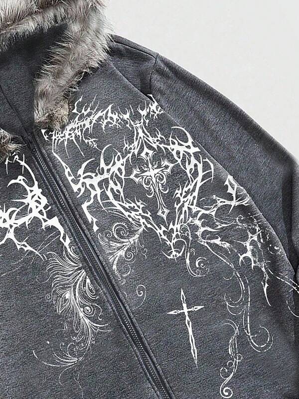 Moletom Com Capuz Com Zíper Gola Em Pelo Estampa Abstrata Ribana