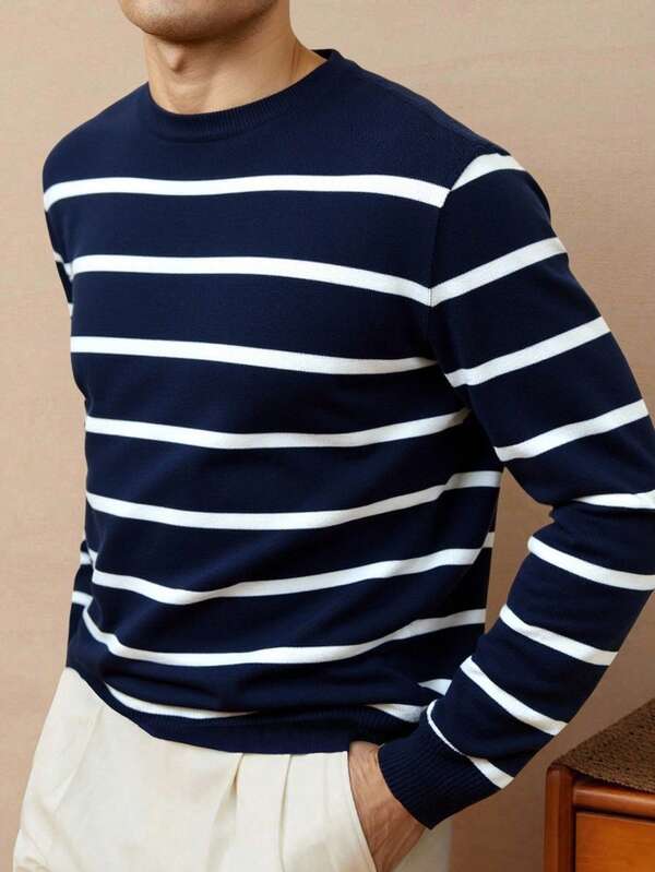 Suéter Tricot Listrado Gola Redonda Com Ribana Casual