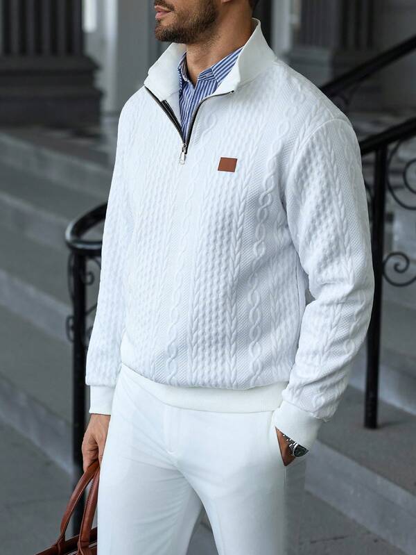 Suéter Meio Zíper Tricot Trançado Com Ribana Casual