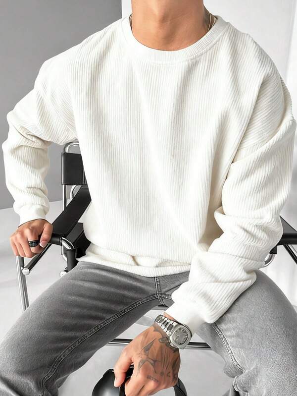 Suéter Tricot Canelado Gola Redonda Com Ribana Oversized Casual