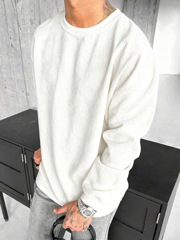 Suéter Tricot Canelado Gola Redonda Com Ribana Oversized Casual