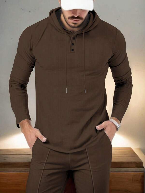 Conjunto Com Capuz Gola Botões Calça Jogger Com Cordão Texturizado