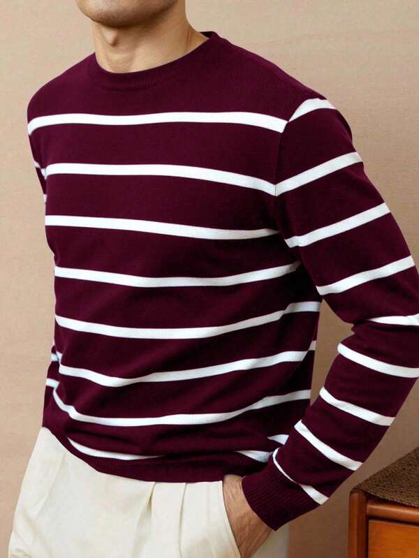 Suéter Tricot Listrado Gola Redonda Com Ribana Casual