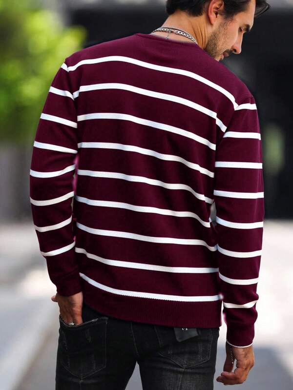 Suéter Tricot Listrado Gola Redonda Com Ribana Casual