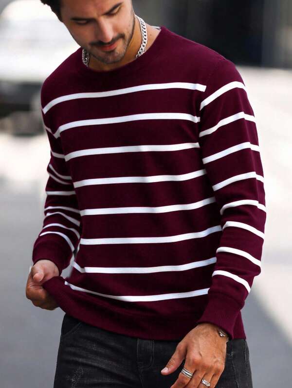 Suéter Tricot Listrado Gola Redonda Com Ribana Casual