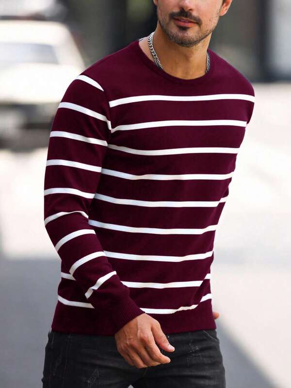 Suéter Tricot Listrado Gola Redonda Com Ribana Casual