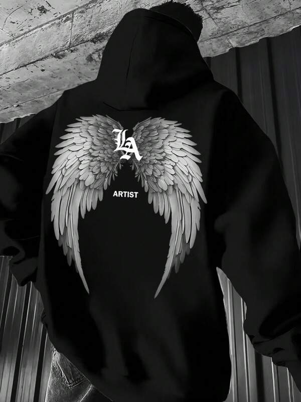 Moletom Com Capuz Estampa Asas Nas Costas Lettering Frontal