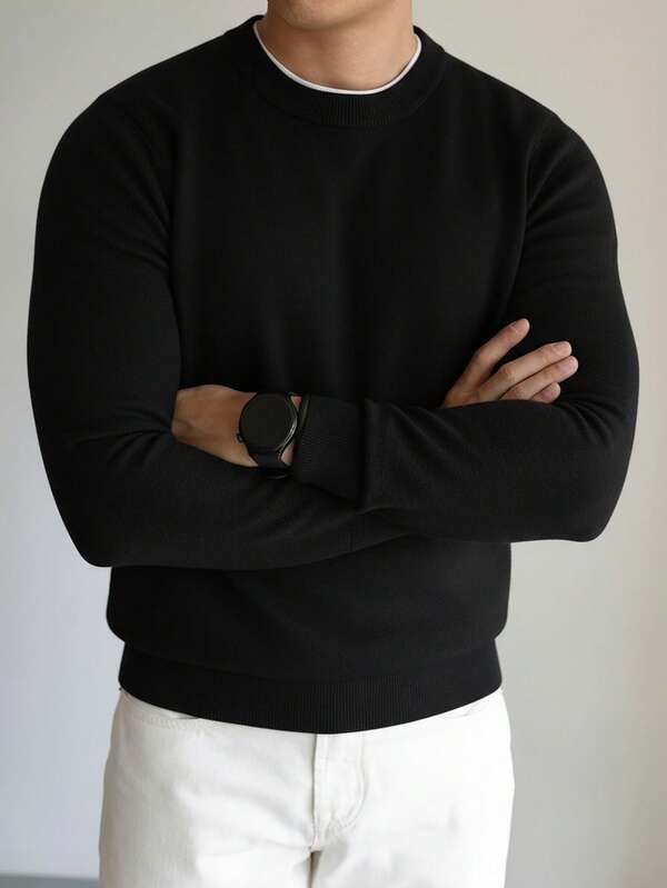 Suéter Tricot Texturizado Gola Redonda Com Ribana Slim Fit