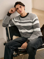 Suéter Tricot Jacquard Listrado Gola Redonda Com Ribana Casual