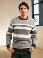 Suéter Tricot Jacquard Listrado Gola Redonda Com Ribana Casual