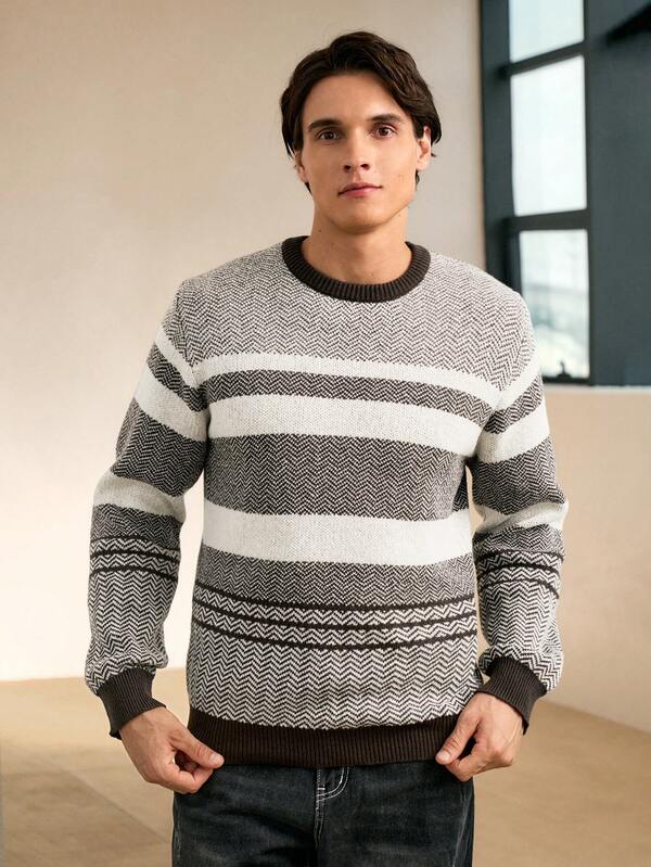 Suéter Tricot Jacquard Listrado Gola Redonda Com Ribana Casual