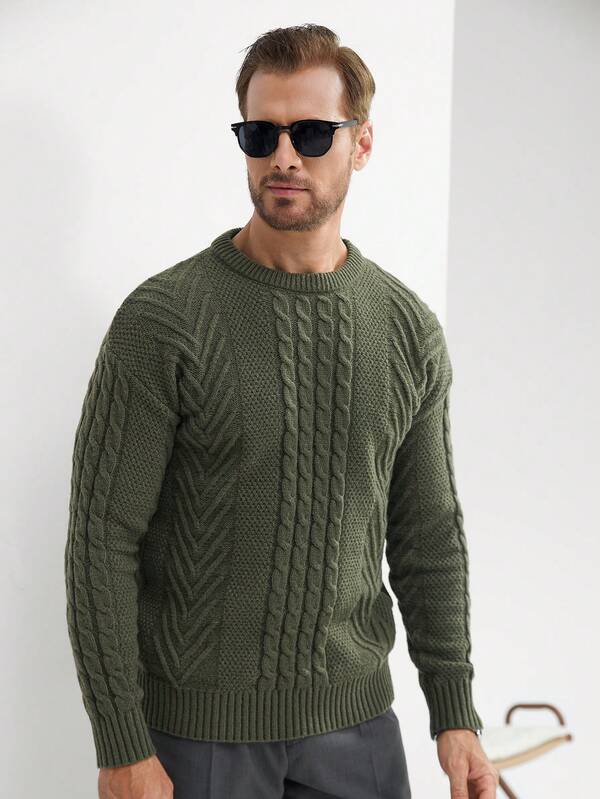 Suéter Tricot Trançado Texturizado Gola Redonda Com Ribana
