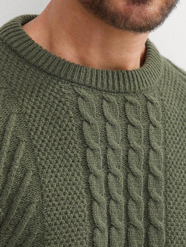 Suéter Tricot Trançado Texturizado Gola Redonda Com Ribana