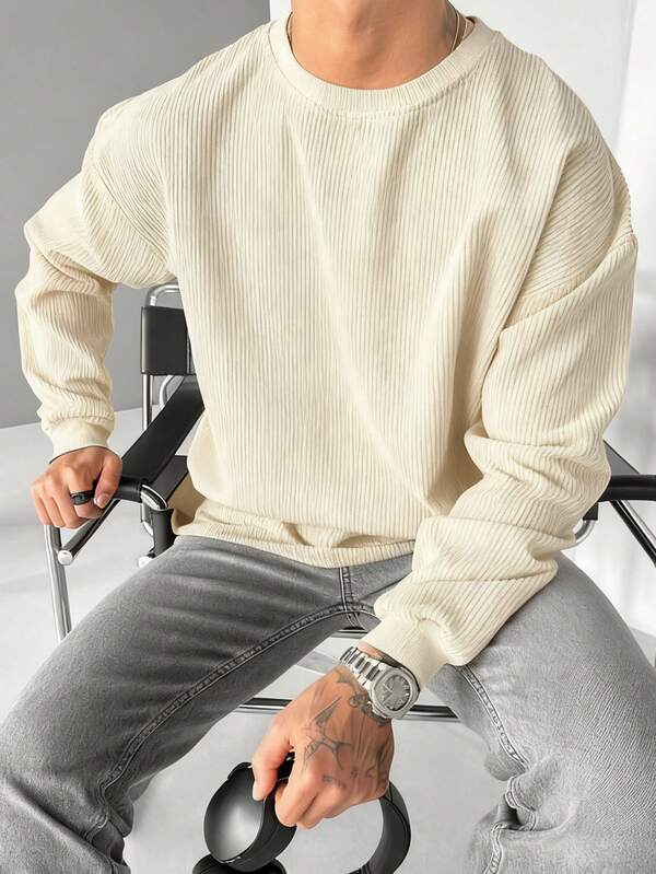 Suéter Tricot Canelado Gola Redonda Com Ribana Oversized Casual