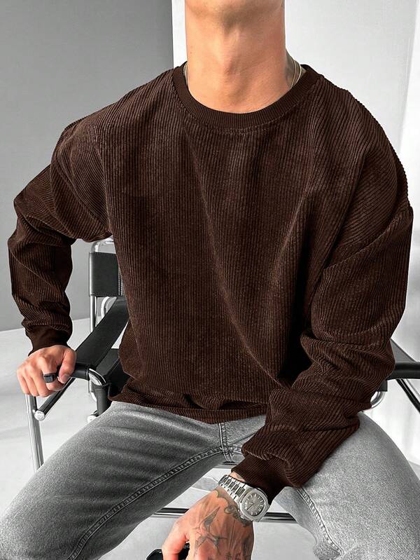 Suéter Tricot Canelado Gola Redonda Com Ribana Oversized Casual