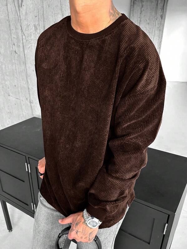 Suéter Tricot Canelado Gola Redonda Com Ribana Oversized Casual