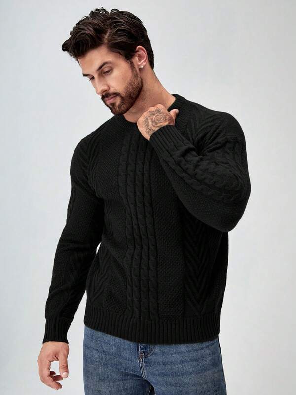 Suéter Tricot Trançado Texturizado Gola Redonda Com Ribana