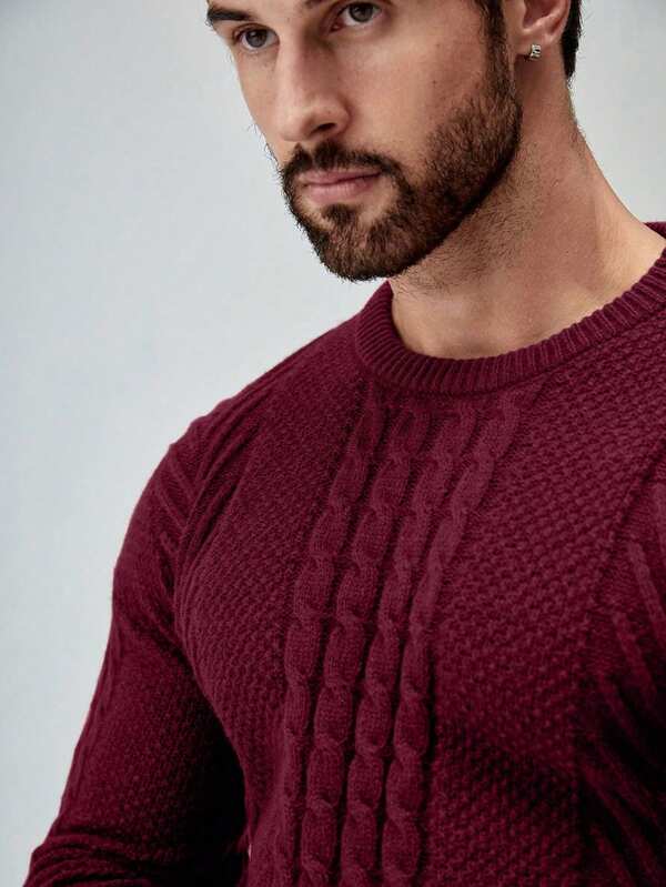 Suéter Tricot Trançado Texturizado Gola Redonda Com Ribana