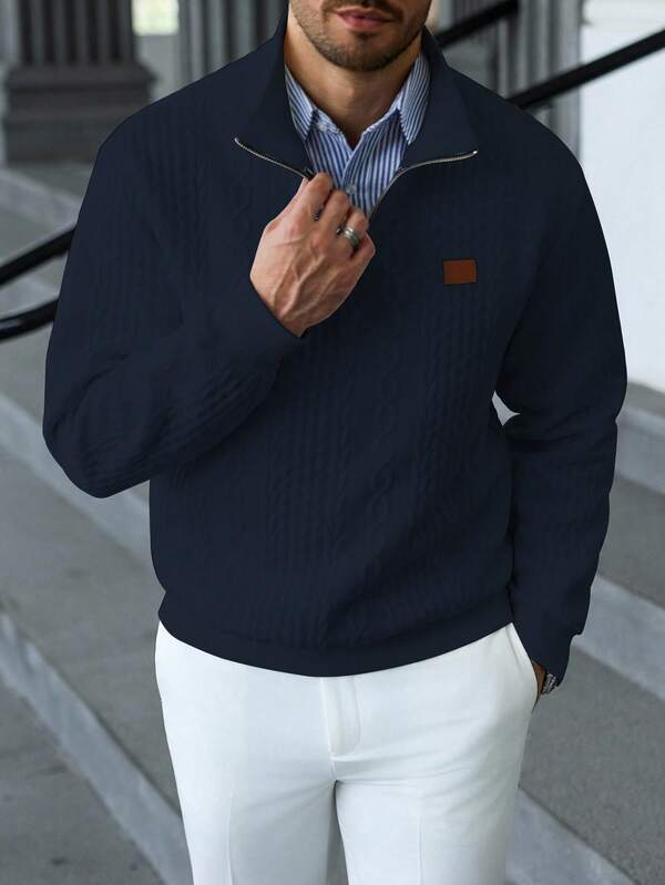 Suéter Meio Zíper Tricot Trançado Com Ribana Casual